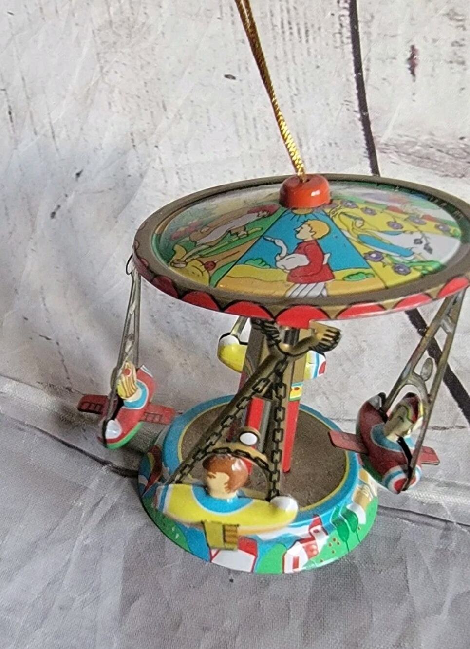 Vintage 1995 Schylling Carousel Tin Litho Toy Ornament with Airplane Rides